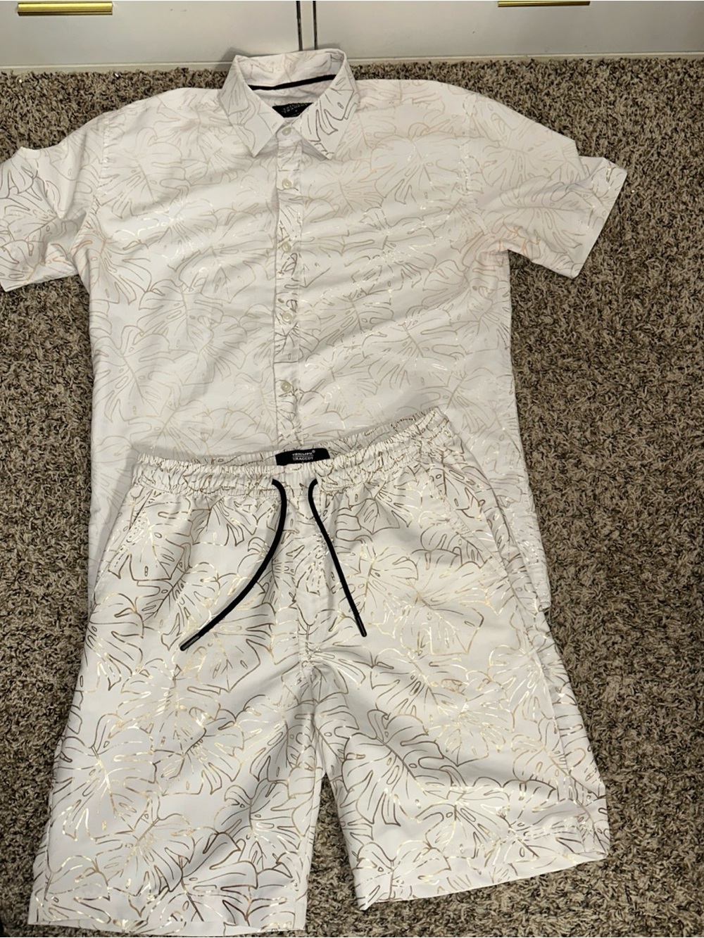 Triumph Tragedy White and Metallic Gold Printed Two-Piece Set